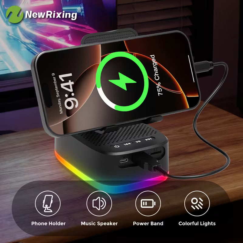 6W Wireless Speakers with Phone Holder and Mobile Power Bank